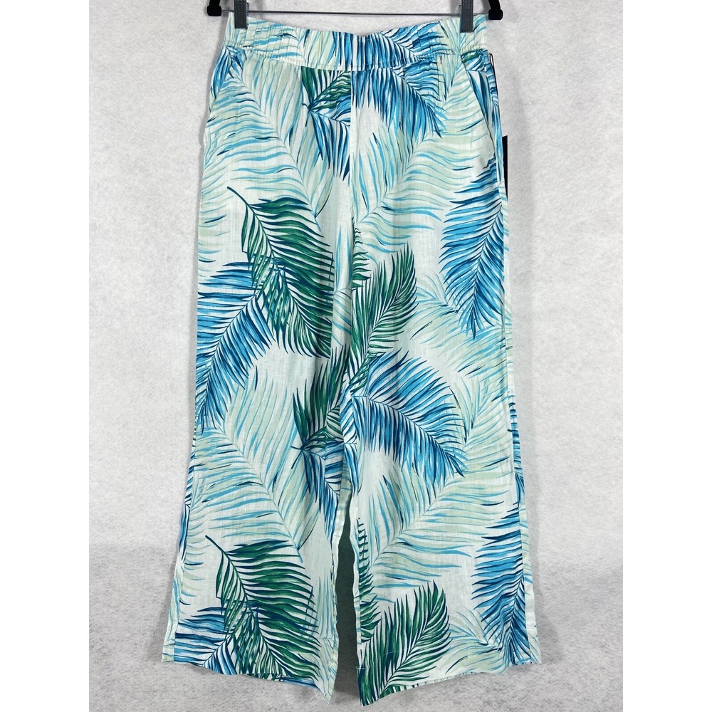 Tahari Pants Women's Medium Green Blue Wide‎ Leg Elastic Waist 100% Linen New